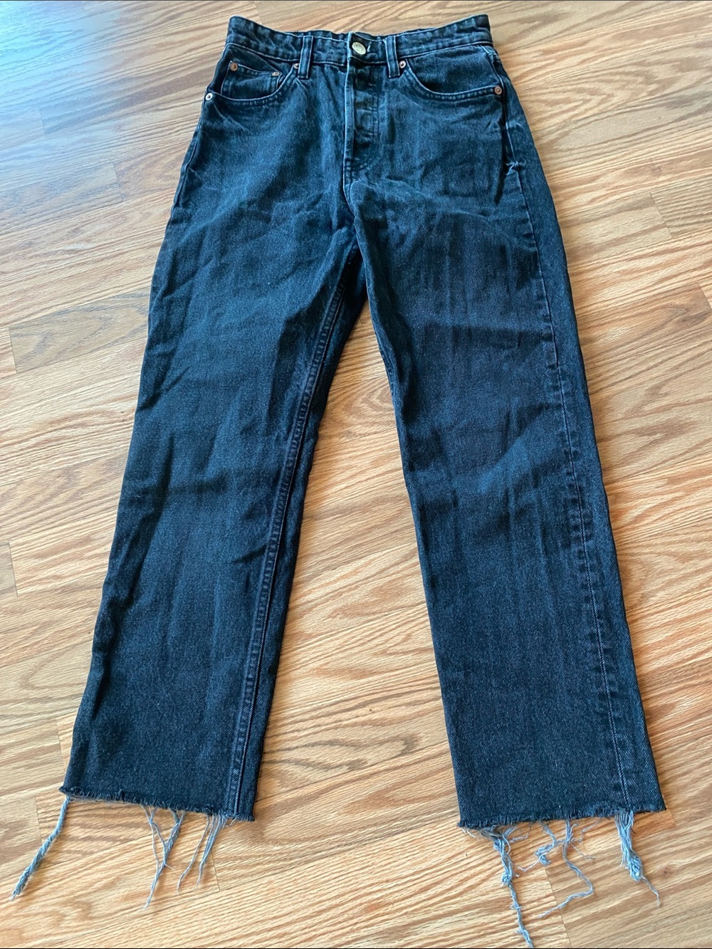 Zara Black High Rise Straight-Leg Jeans with Raw Hem-4 Denim Cotton